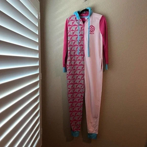 Disney Resort Epcot Adult Onesie Pajama Pink Blue XS Hooded Bodysuit - Picture 5 of 7